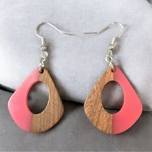 BOHO Style Wood & Resin Pink Earrings, Teardrop Flat Pendant